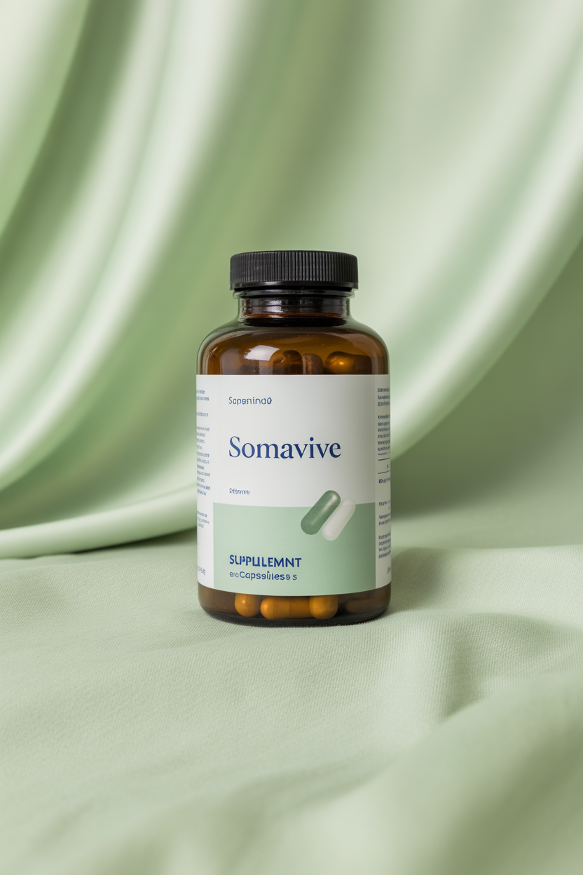Somavive bottle placed on a soft green background